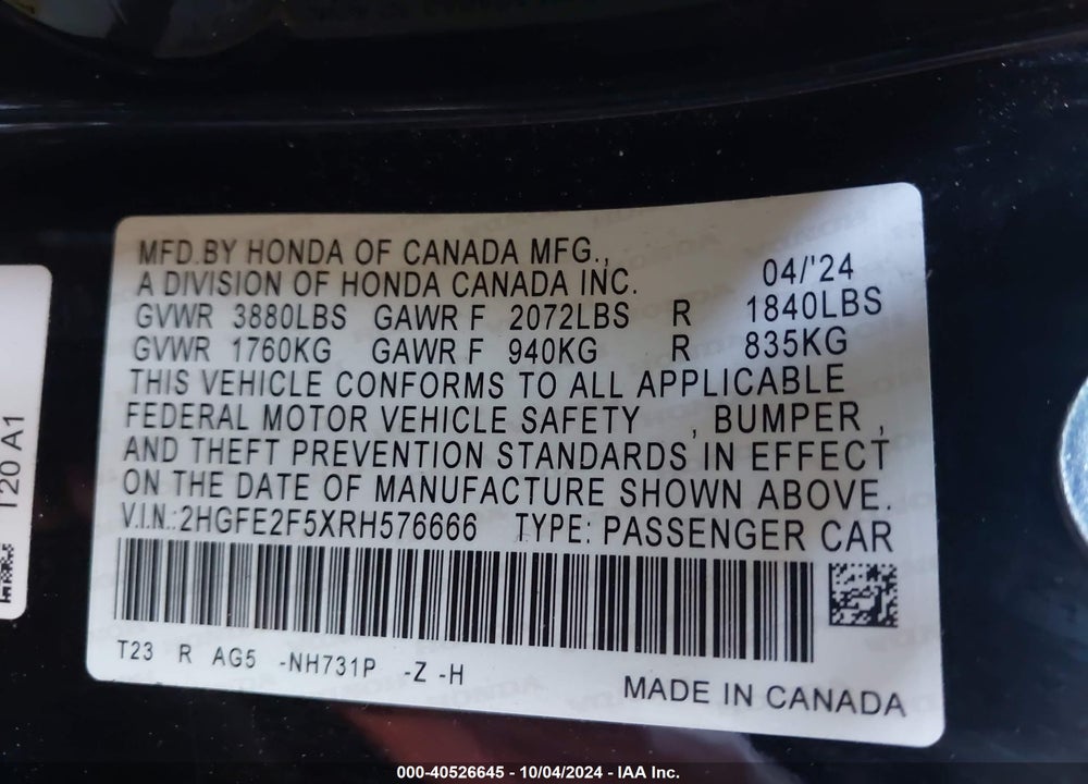 2024 HONDA CIVIC SPORT VIN: 2HGFE2F5XRH576666