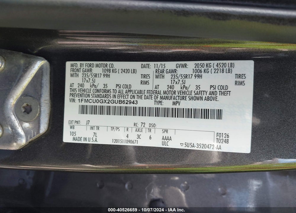 2016 FORD ESCAPE SE VIN: 1FMCU0GX2GUB62943
