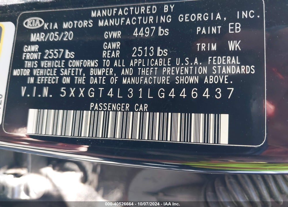 2020 KIA OPTIMA LX VIN: 5XXGT4L31LG446437