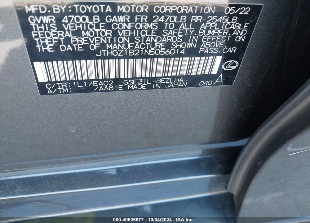 2022 LEXUS IS 350 F-SPORT VIN: JTHGZ1B21N5056014