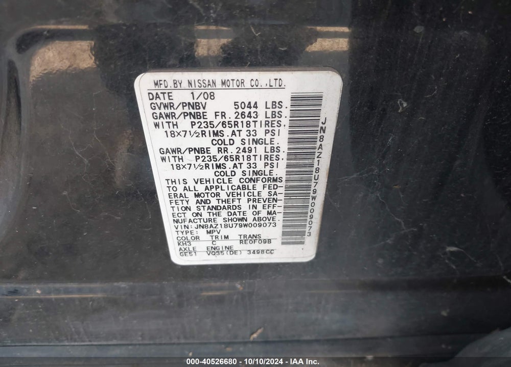 2009 NISSAN MURANO S VIN: JN8AZ18U79W009073
