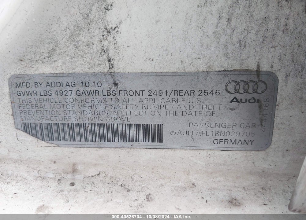 2011 AUDI A4 2.0T PREMIUM VIN: WAUFFAFL1BN029705