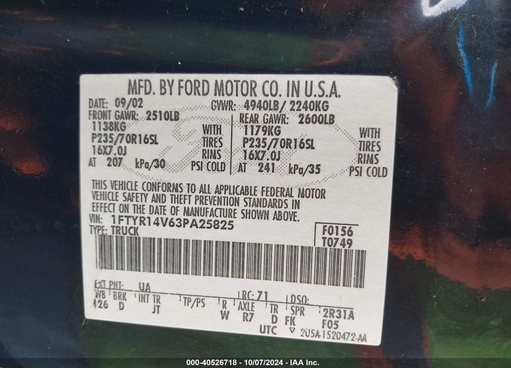 2003 FORD RANGER EDGE/TREMOR/XL/XLT VIN: 1FTYR14V63PA25825