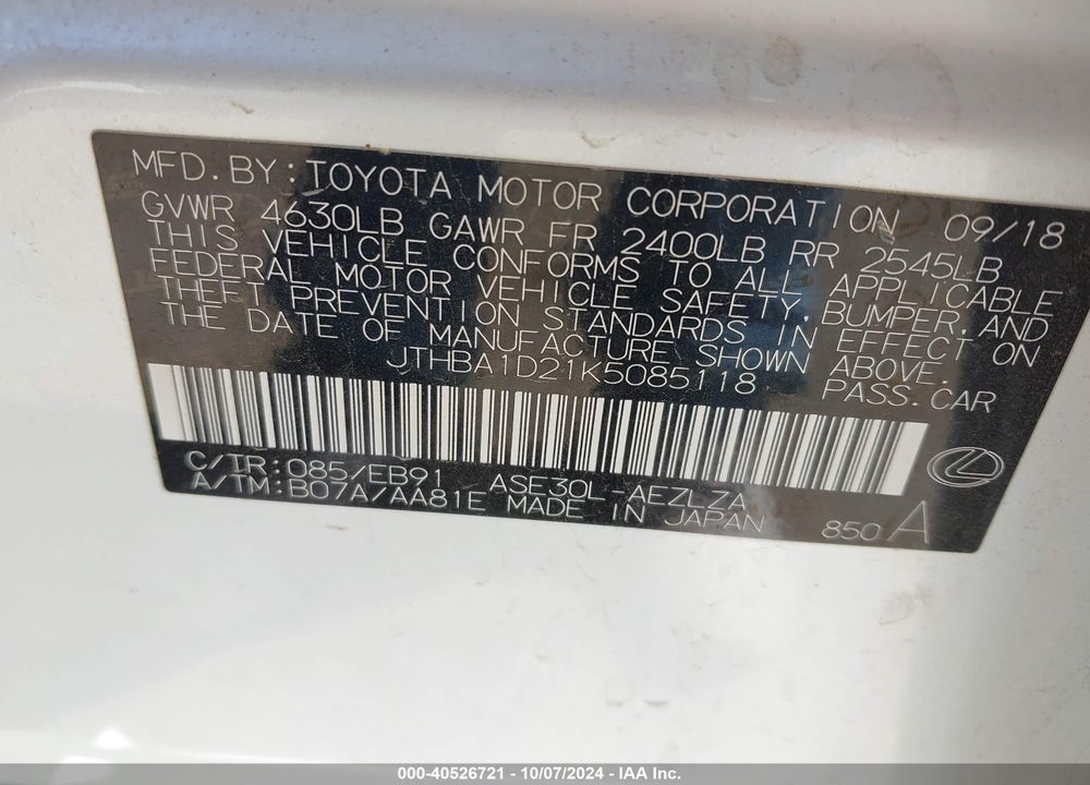 2019 LEXUS IS 300 VIN: JTHBA1D21K5085118