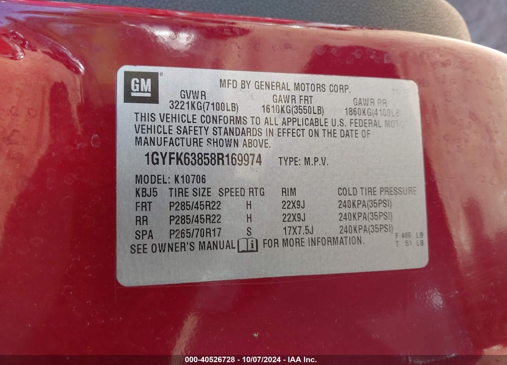 2008 CADILLAC ESCALADE STANDARD VIN: 1GYFK63858R169974