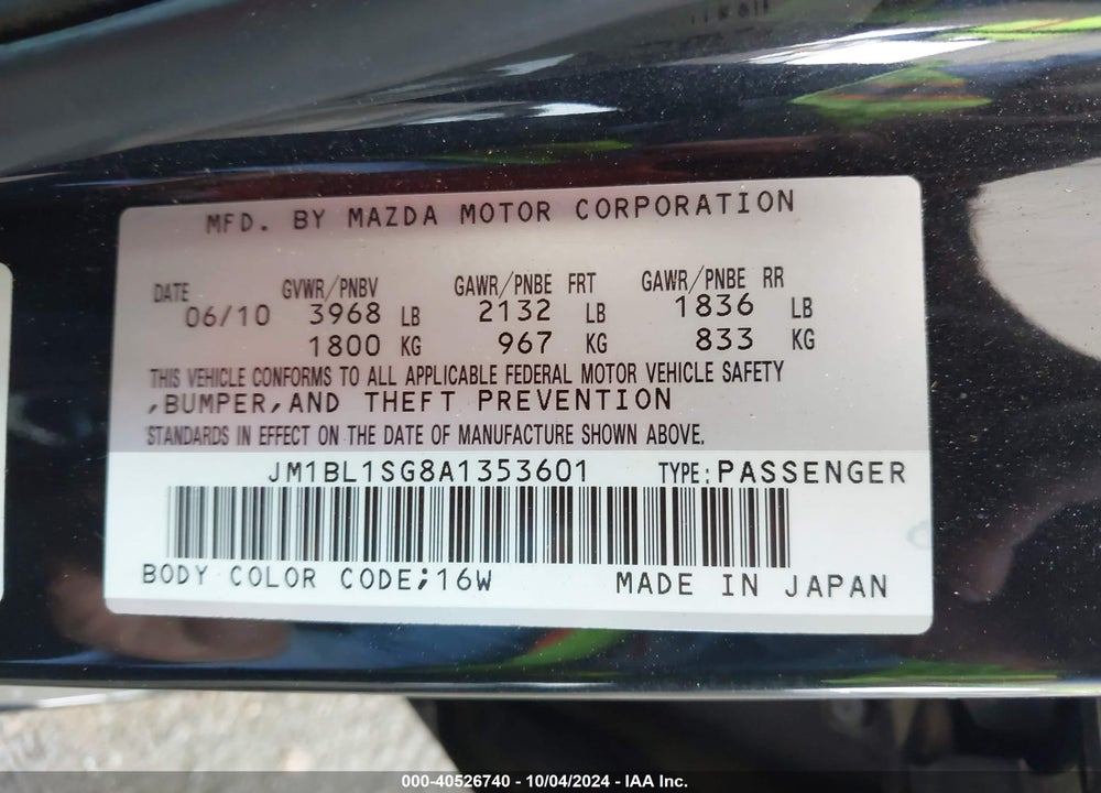 2010 MAZDA 3 I TOURING VIN: JM1BL1SG8A1353601