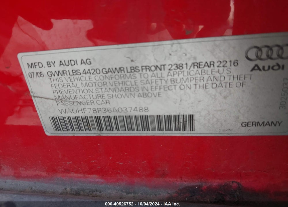 2006 AUDI A3 2.0T VIN: WAUHF78P36A037488