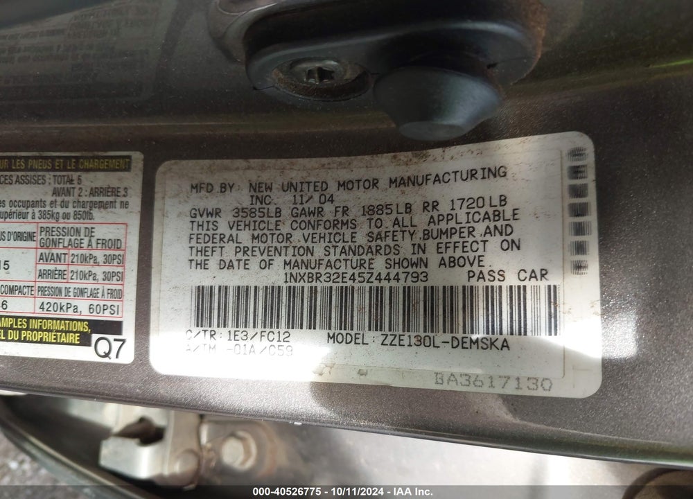 2005 TOYOTA COROLLA S VIN: 1NXBR32E45Z444793