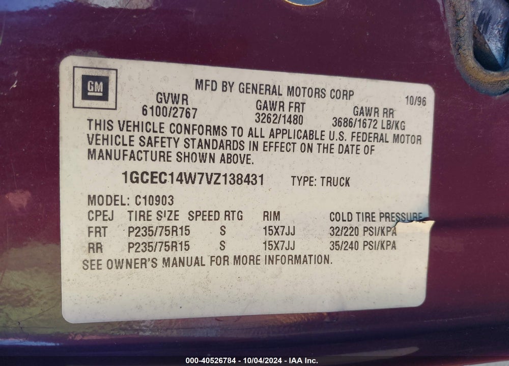 1997 CHEVROLET C1500 FLEETSIDE W/T VIN: 1GCEC14W7VZ138431