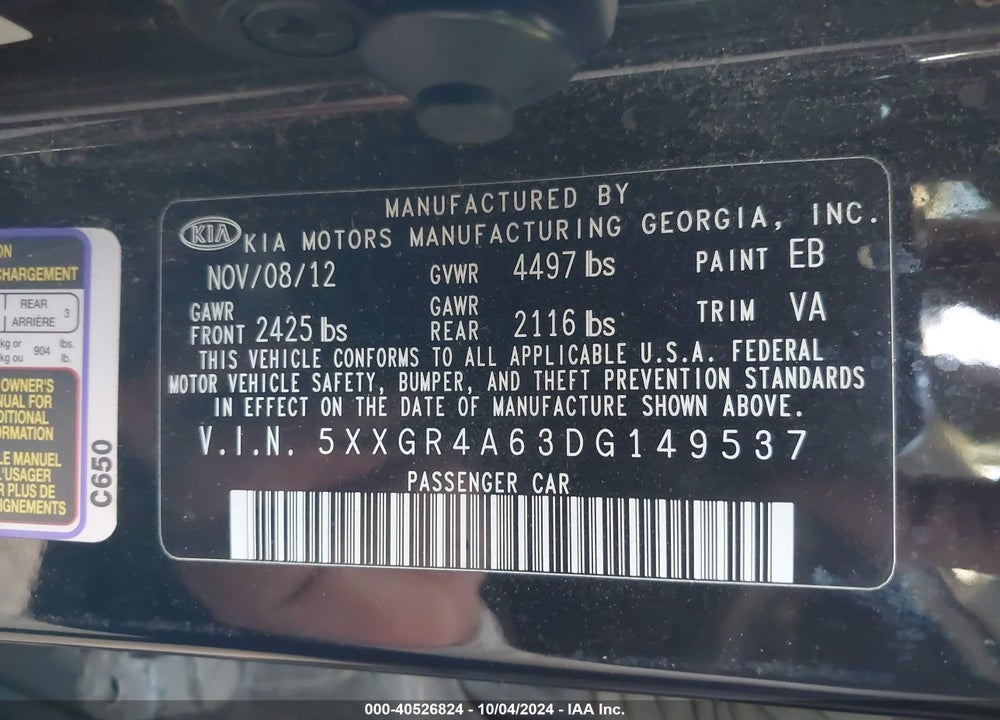 2013 KIA OPTIMA SX VIN: 5XXGR4A63DG149537