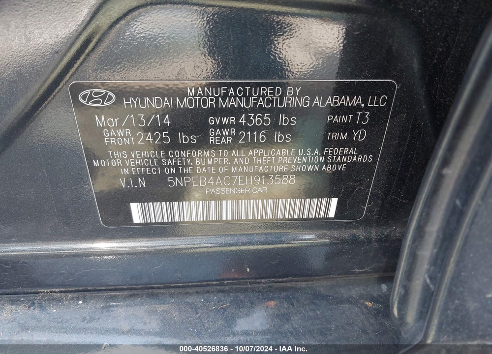 2014 HYUNDAI SONATA GLS VIN: 5NPEB4AC7EH913588
