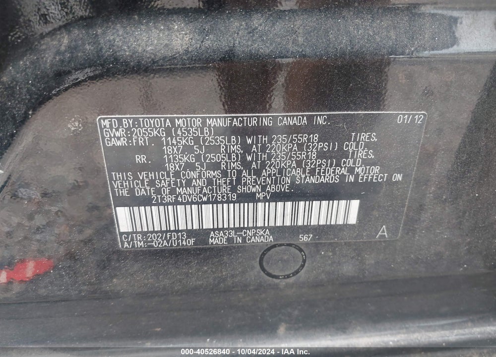 2012 TOYOTA RAV4 SPORT VIN: 2T3RF4DV6CW178319