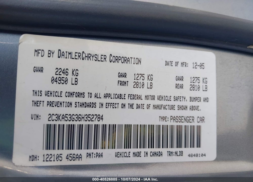 2006 CHRYSLER 300 TOURING VIN: 2C3KA53G36H352784