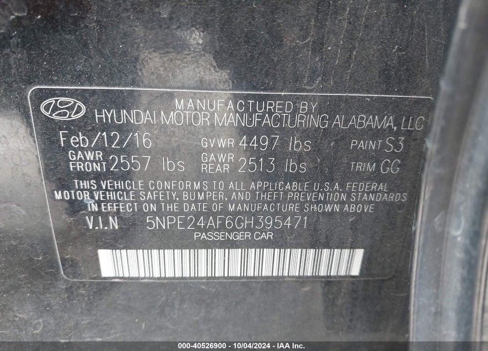 2016 HYUNDAI SONATA SE VIN: 5NPE24AF6GH395471