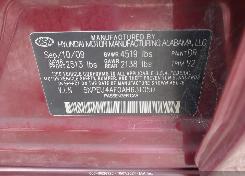 2010 HYUNDAI SONATA LIMITED V6 VIN: 5NPEU4AF0AH631050