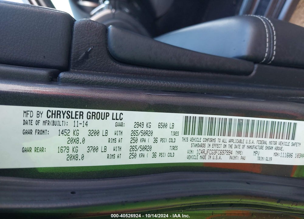 2015 JEEP GRAND CHEROKEE OVERLAND VIN: 1C4RJFCG3FC697994