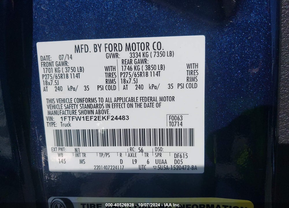 2014 FORD F-150 XLT VIN: 1FTFW1EF2EKF24483