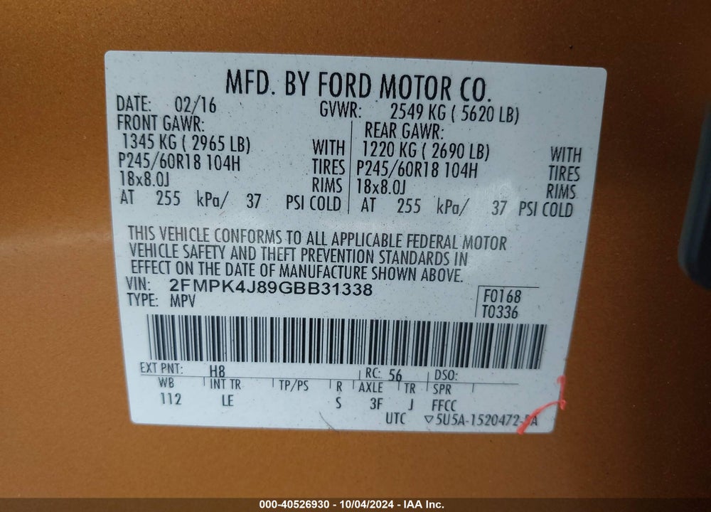 2016 FORD EDGE SEL VIN: 2FMPK4J89GBB31338
