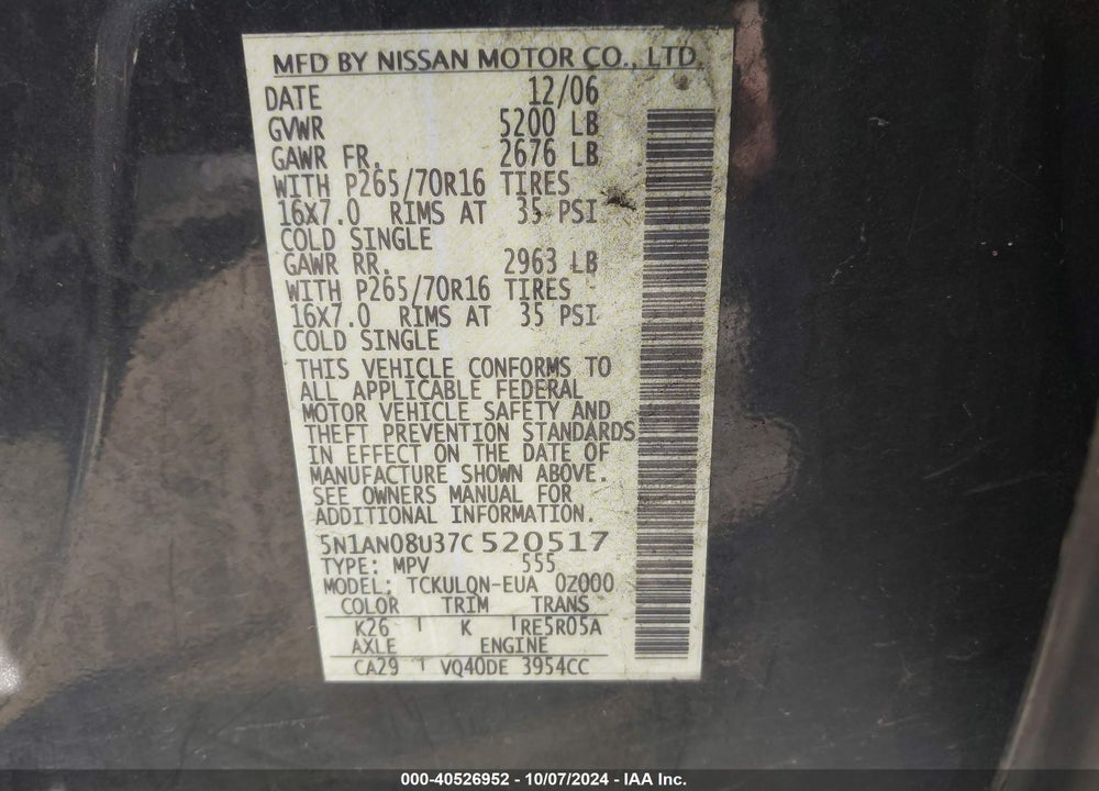 2007 NISSAN XTERRA X VIN: 5N1AN08U37C520517