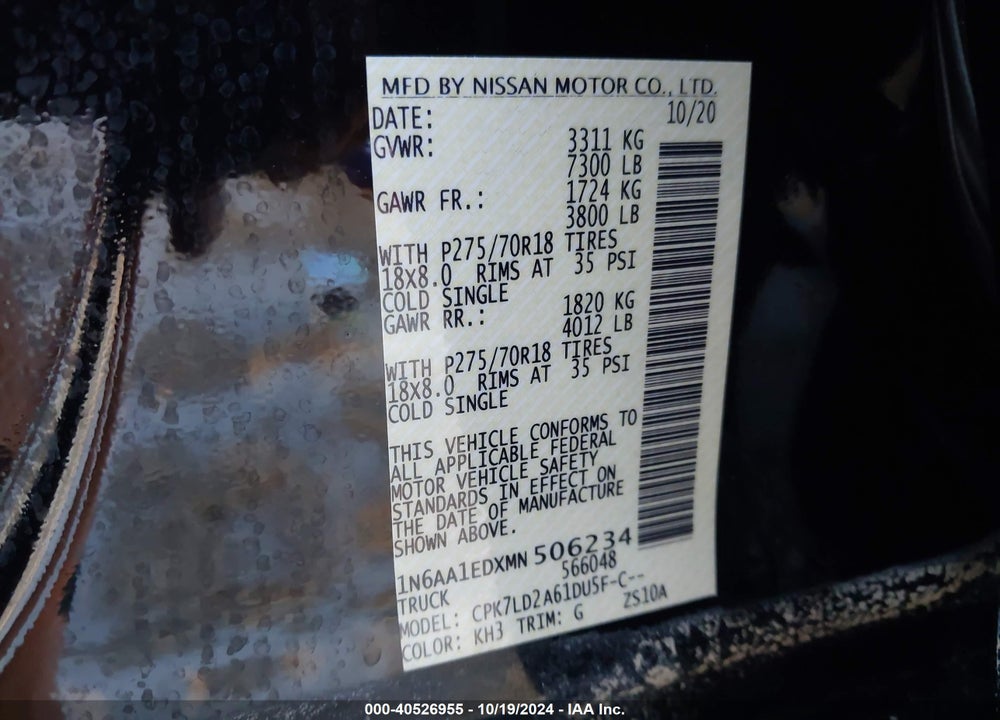 2021 NISSAN TITAN PRO-4X 4X4 VIN: 1N6AA1EDXMN506234