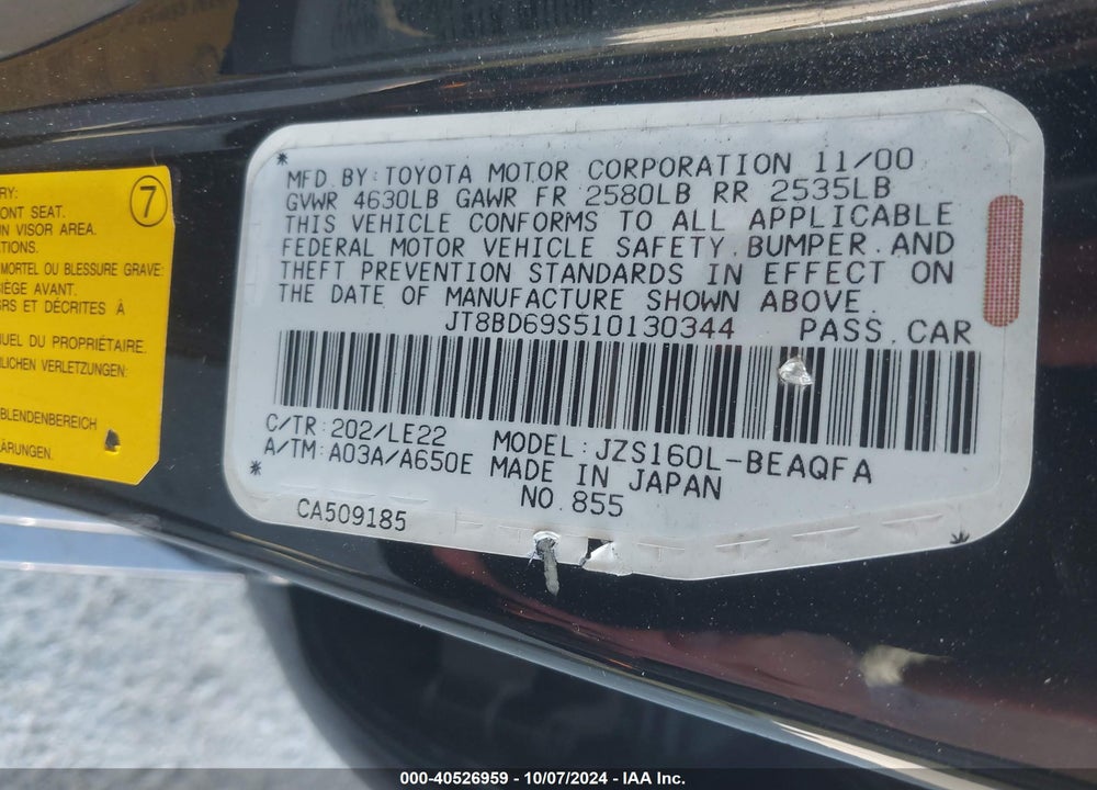 2001 LEXUS GS 300 VIN: JT8BD69S510130344