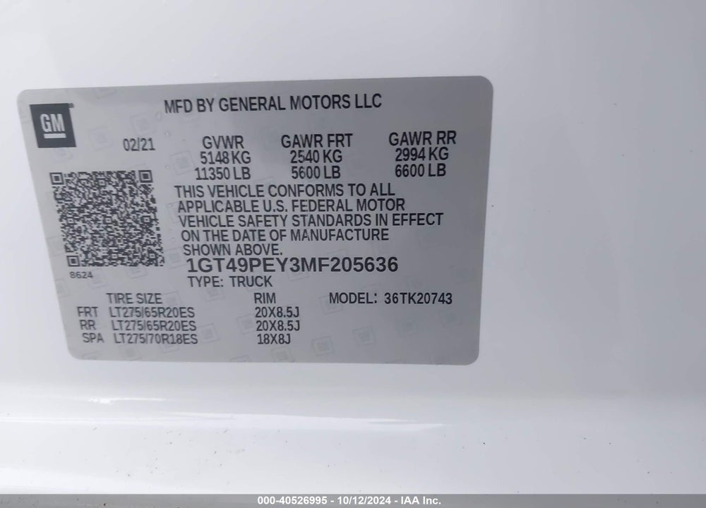 2021 GMC SIERRA 2500HD 4WD STANDARD BED AT4 VIN: 1GT49PEY3MF205636