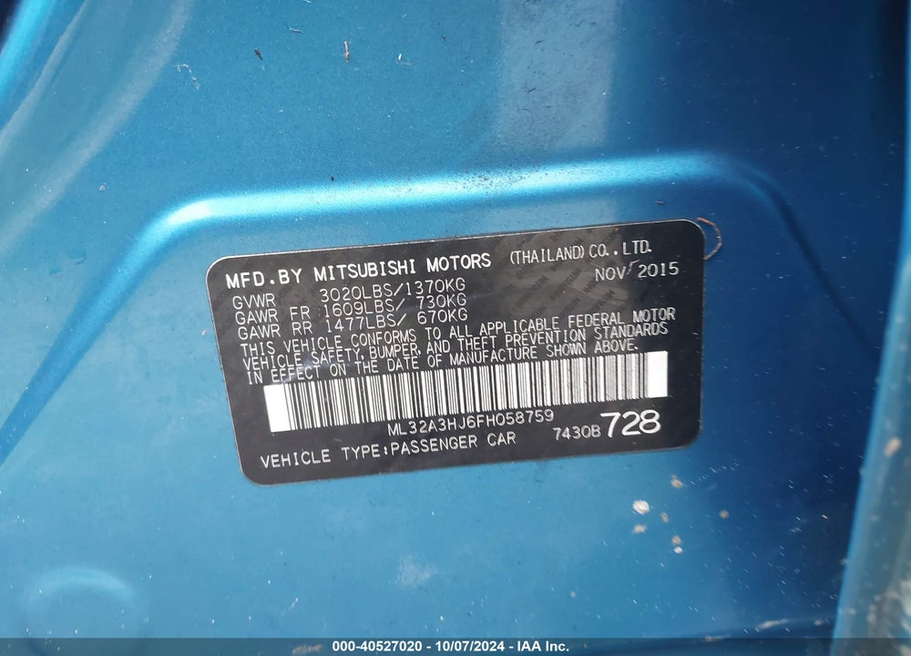 2015 MITSUBISHI MIRAGE DE VIN: ML32A3HJ6FH058759