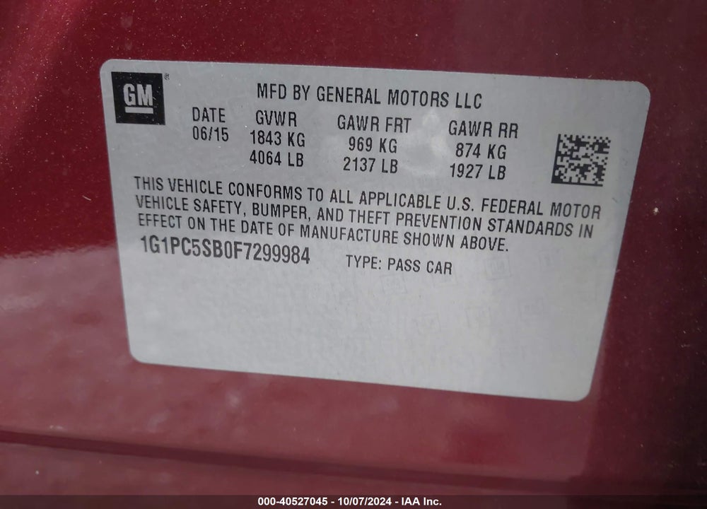 2015 CHEVROLET CRUZE 1LT AUTO VIN: 1G1PC5SB0F7299984