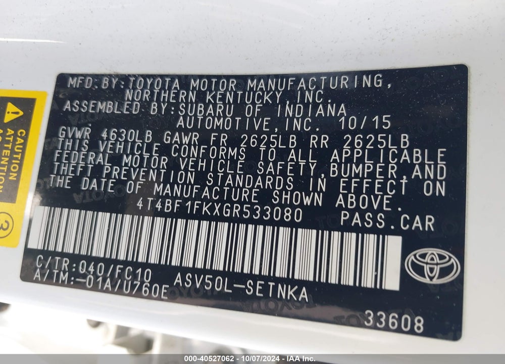 2016 TOYOTA CAMRY LE VIN: 4T4BF1FKXGR533080