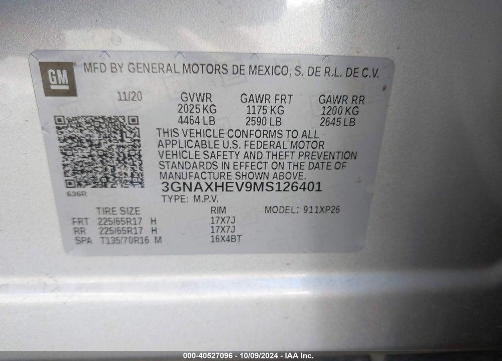 2021 CHEVROLET EQUINOX FWD LS VIN: 3GNAXHEV9MS126401