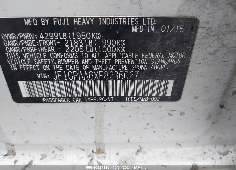 2015 SUBARU IMPREZA 2.0I VIN: JF1GPAA6XF8236027
