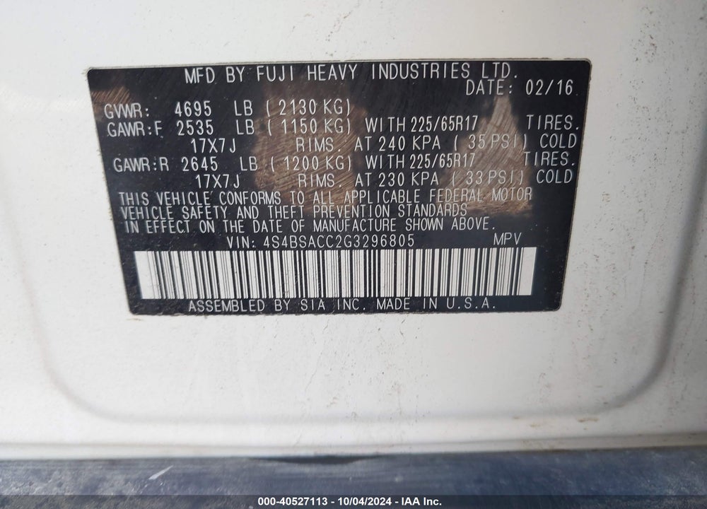 2016 SUBARU OUTBACK 2.5I PREMIUM VIN: 4S4BSACC2G3296805