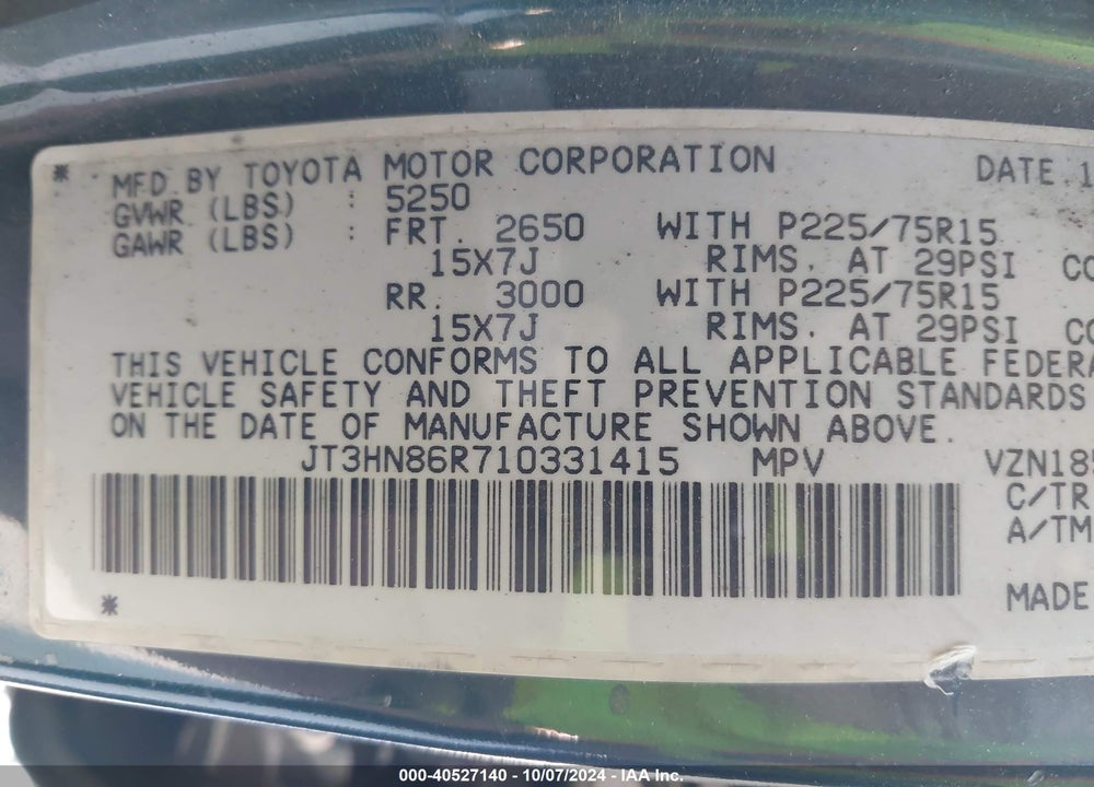 2001 TOYOTA 4RUNNER SR5 V6 VIN: JT3HN86R710331415