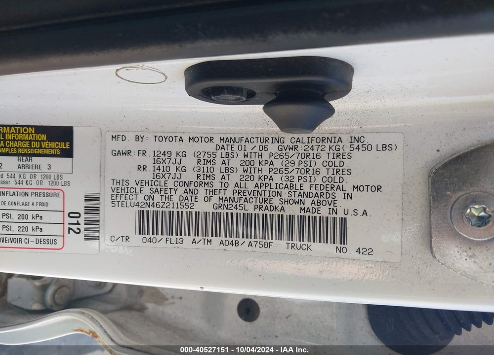 2006 TOYOTA TACOMA BASE V6 VIN: 5TELU42N46Z211552