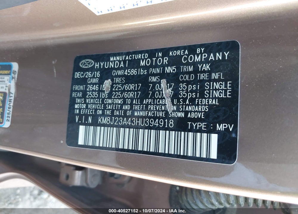 2017 HYUNDAI TUCSON SE VIN: KM8J23A43HU394918