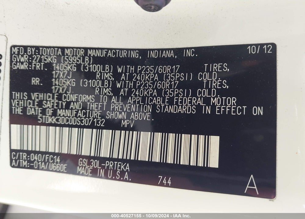 2013 TOYOTA SIENNA LE V6 8 PASSENGER VIN: 5TDKK3DC0DS307132
