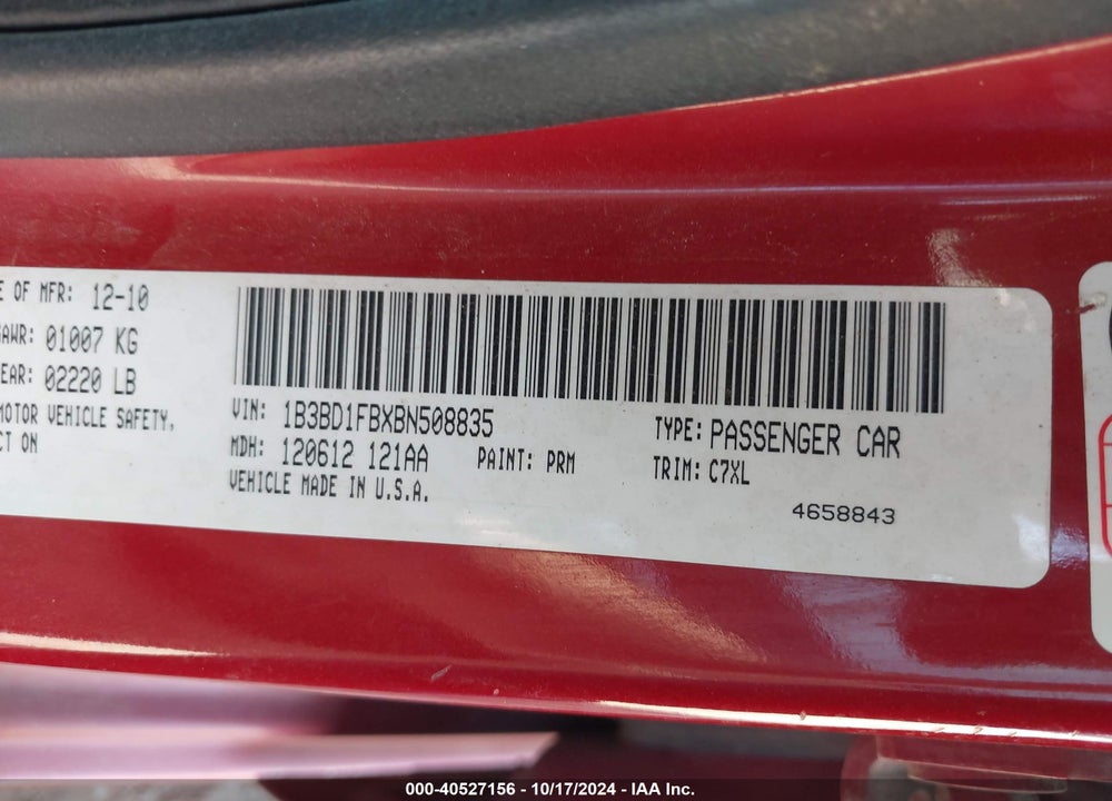 2011 DODGE AVENGER MAINSTREET VIN: 1B3BD1FBXBN508835