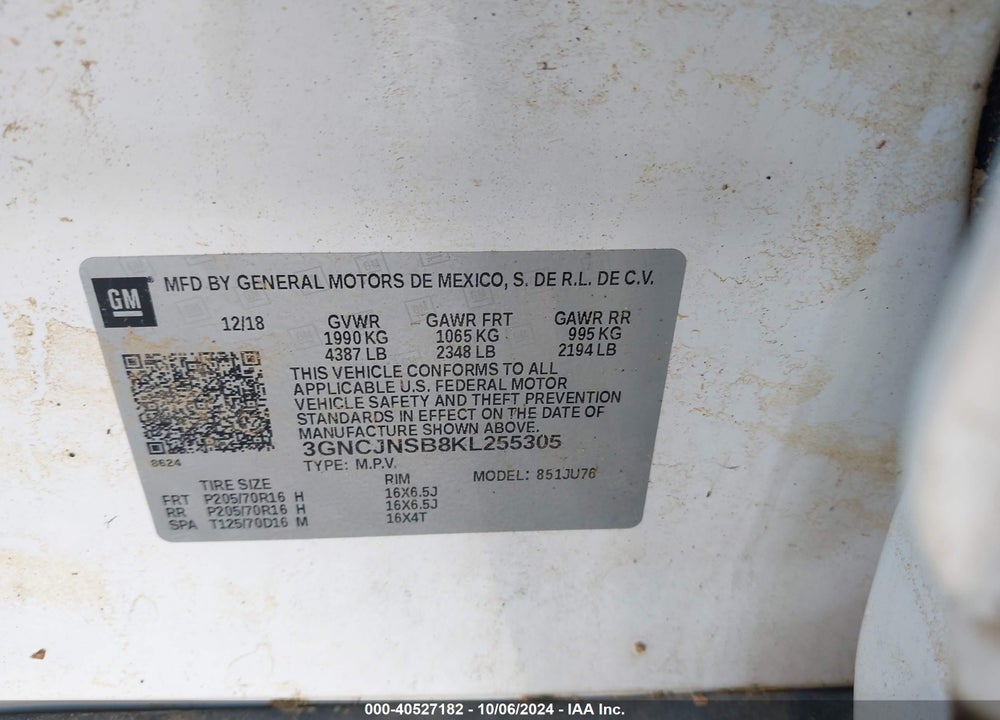 2019 CHEVROLET TRAX LS VIN: 3GNCJNSB8KL255305