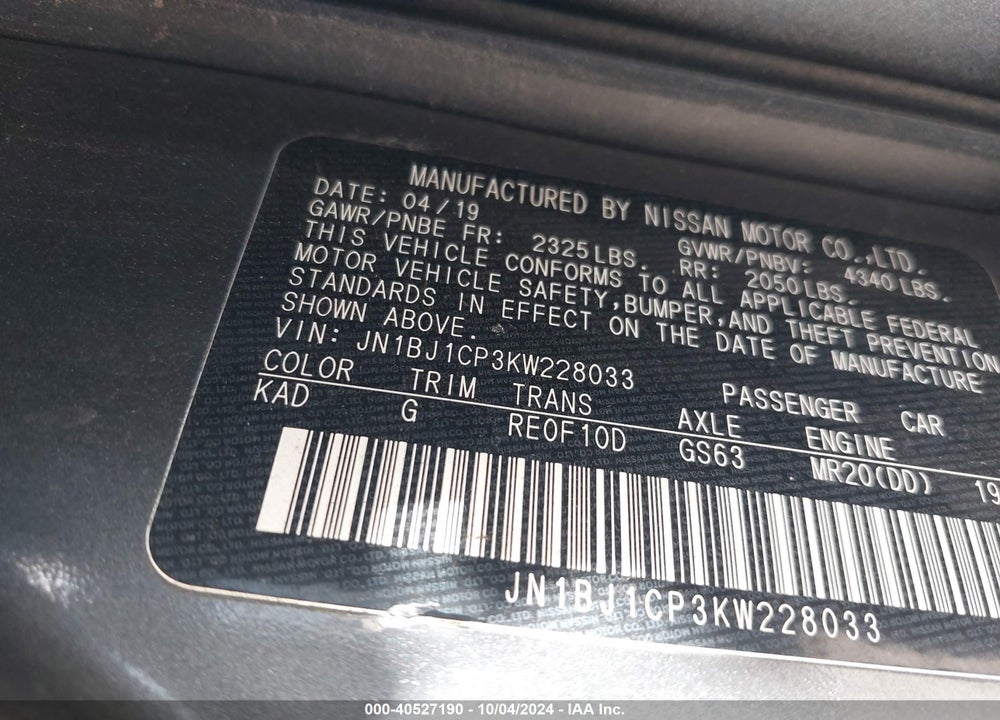 2019 NISSAN ROGUE SPORT S VIN: JN1BJ1CP3KW228033