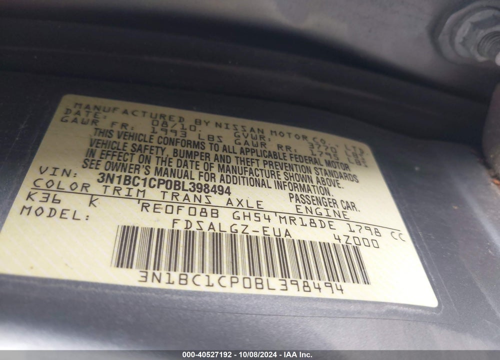 2011 NISSAN VERSA 1.8SL VIN: 3N1BC1CP0BL398494
