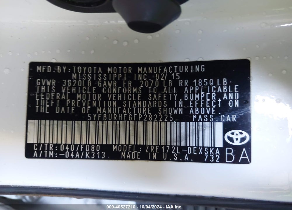 2015 TOYOTA COROLLA VIN: 5YFBURHE6FP282225