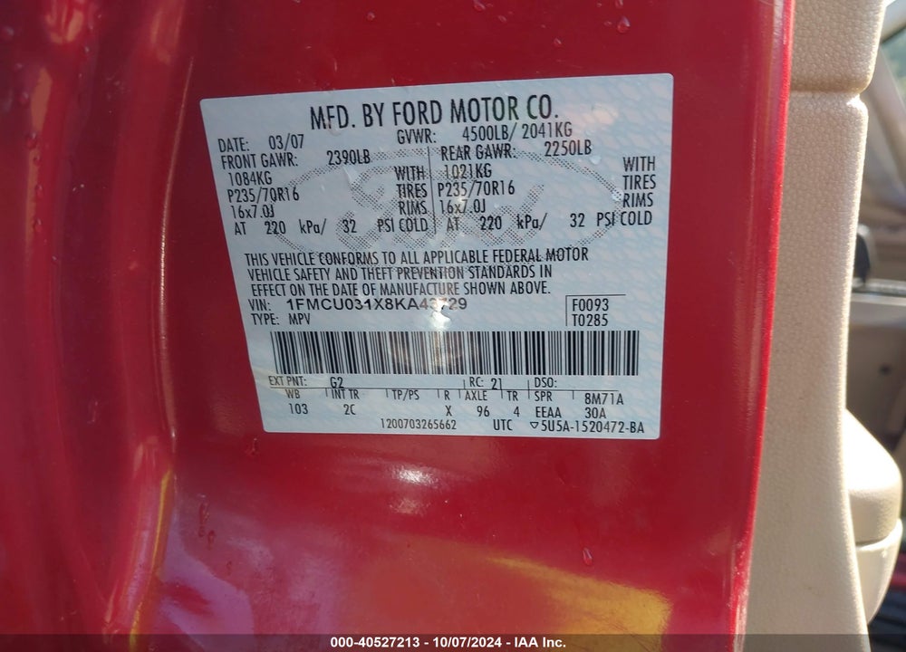 2008 FORD ESCAPE XLT VIN: 1FMCU031X8KA43729