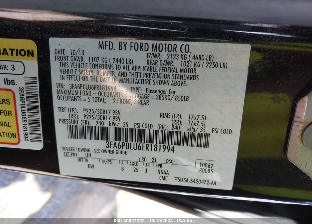 2014 FORD FUSION HYBRID SE VIN: 3FA6P0LU6ER181994