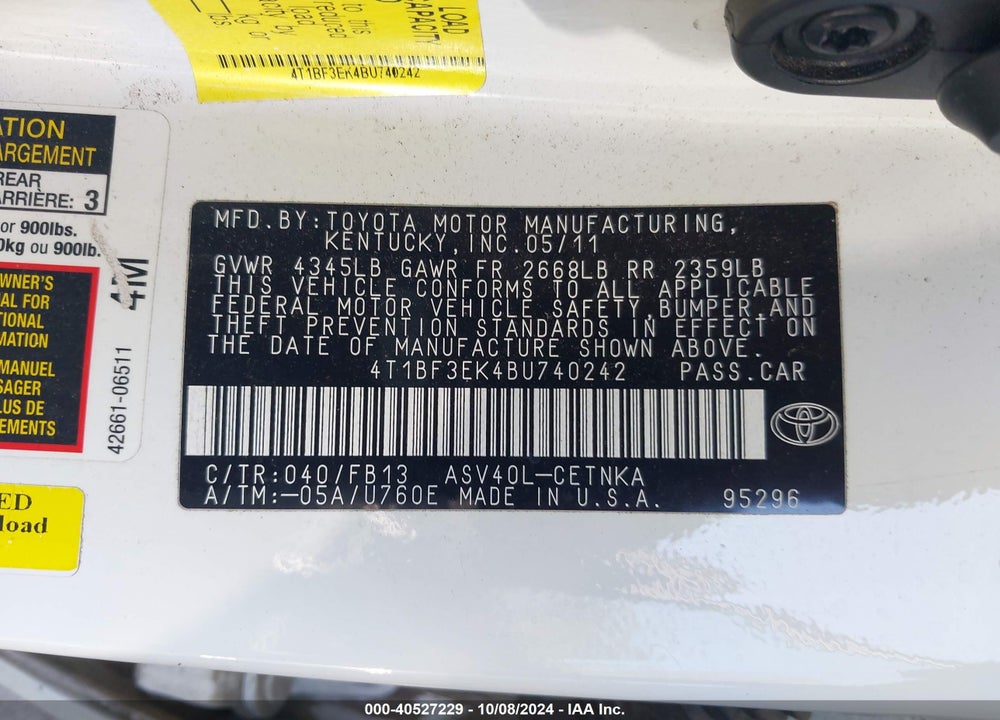 2011 TOYOTA CAMRY LE VIN: 4T1BF3EK4BU740242