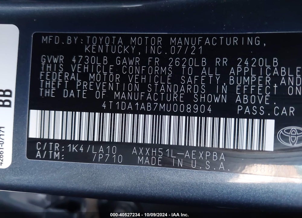 2021 TOYOTA AVALON LIMITED HYBRID VIN: 4T1DA1AB7MU008904