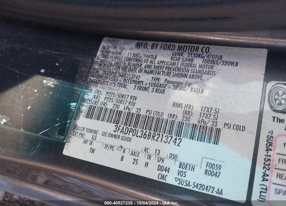 2011 FORD FUSION HYBRID VIN: 3FADP0L36BR213742