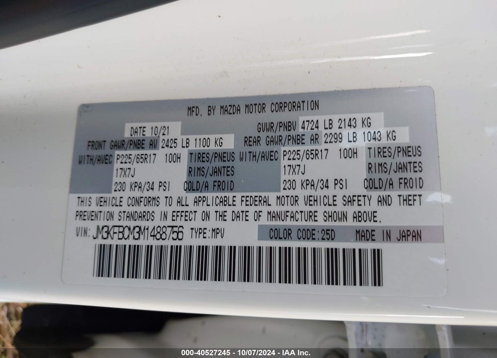 2021 MAZDA CX-5 TOURING VIN: JM3KFBCM3M1488756