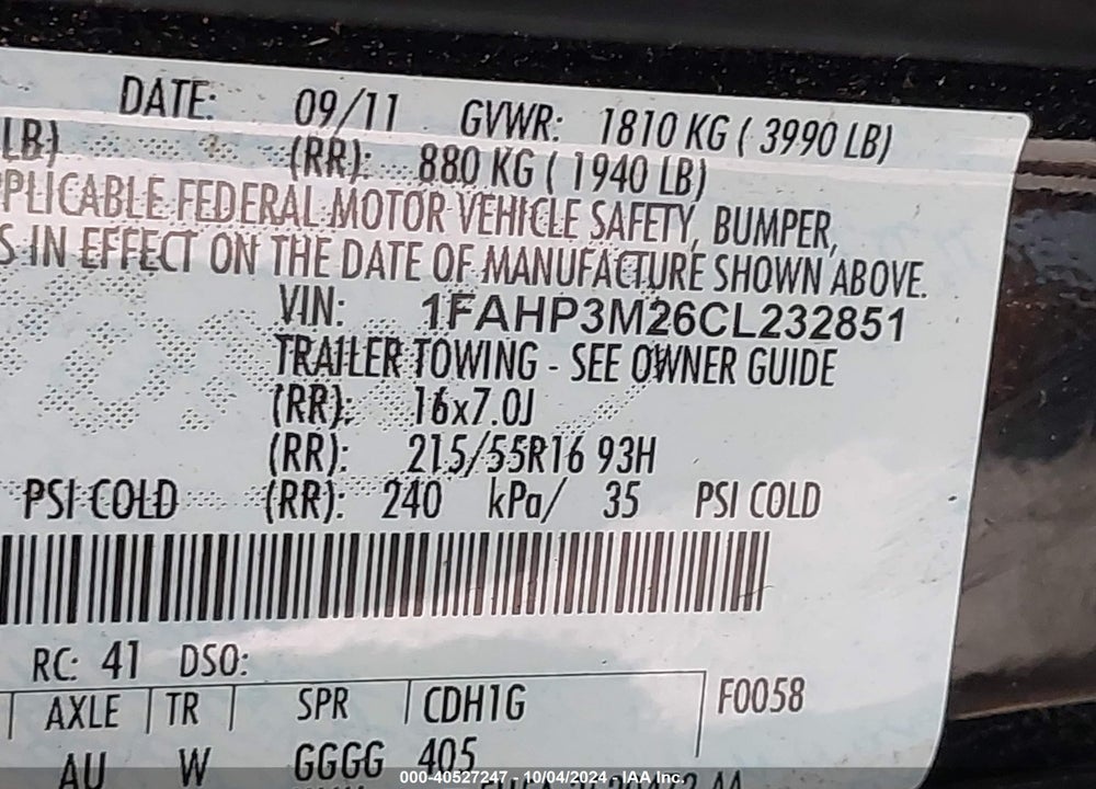 2012 FORD FOCUS SEL VIN: 1FAHP3M26CL232851