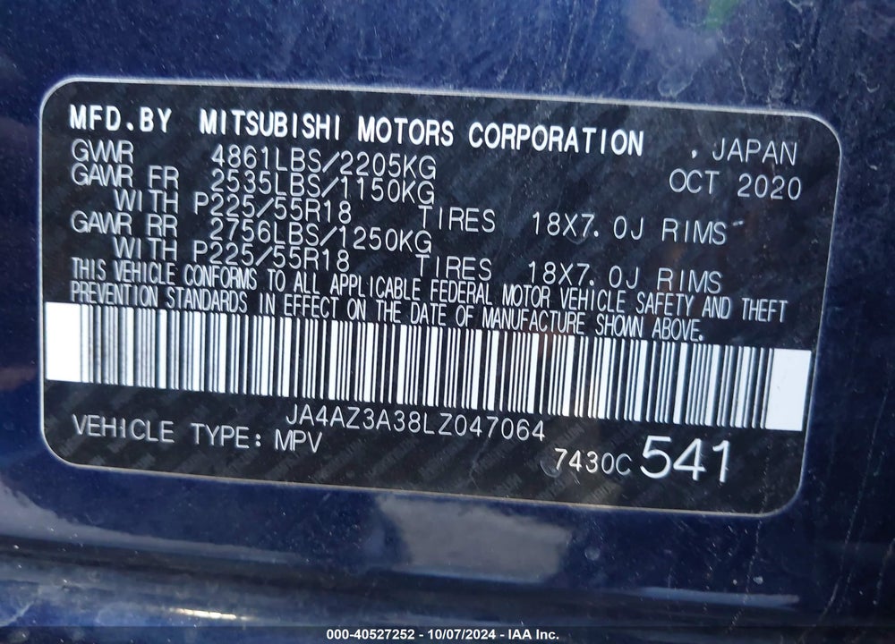 2020 MITSUBISHI OUTLANDER ES 2.4 /LE 2.4 /SE 2.4 /SEL 2.4 /SP 2.4 VIN: JA4AZ3A38LZ047064