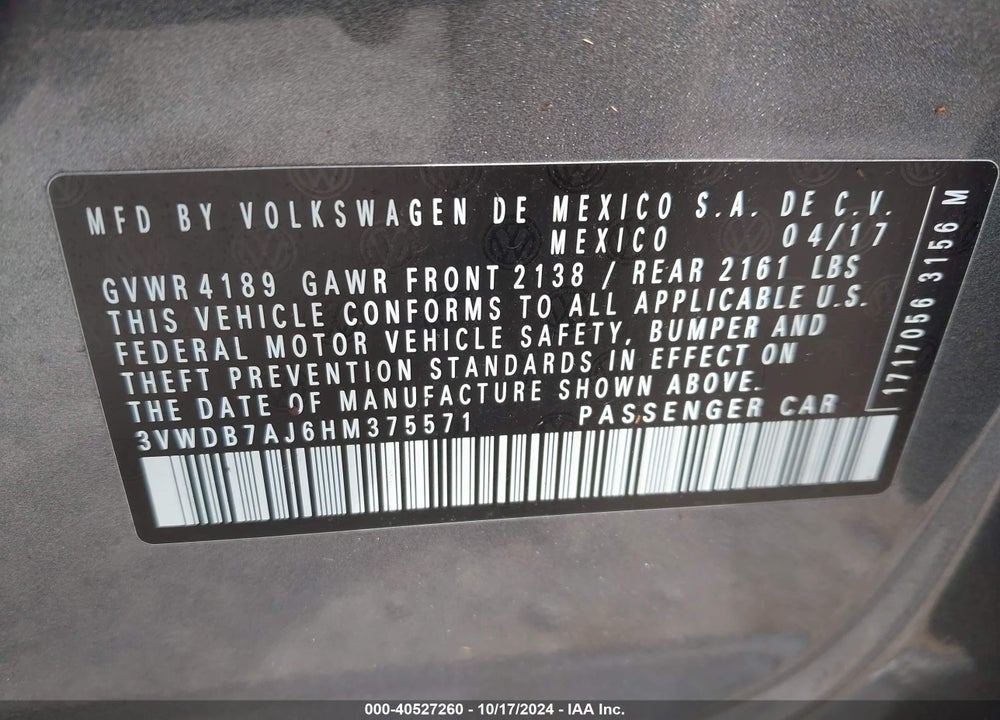 2017 VOLKSWAGEN JETTA 1.4T SE VIN: 3VWDB7AJ6HM375571
